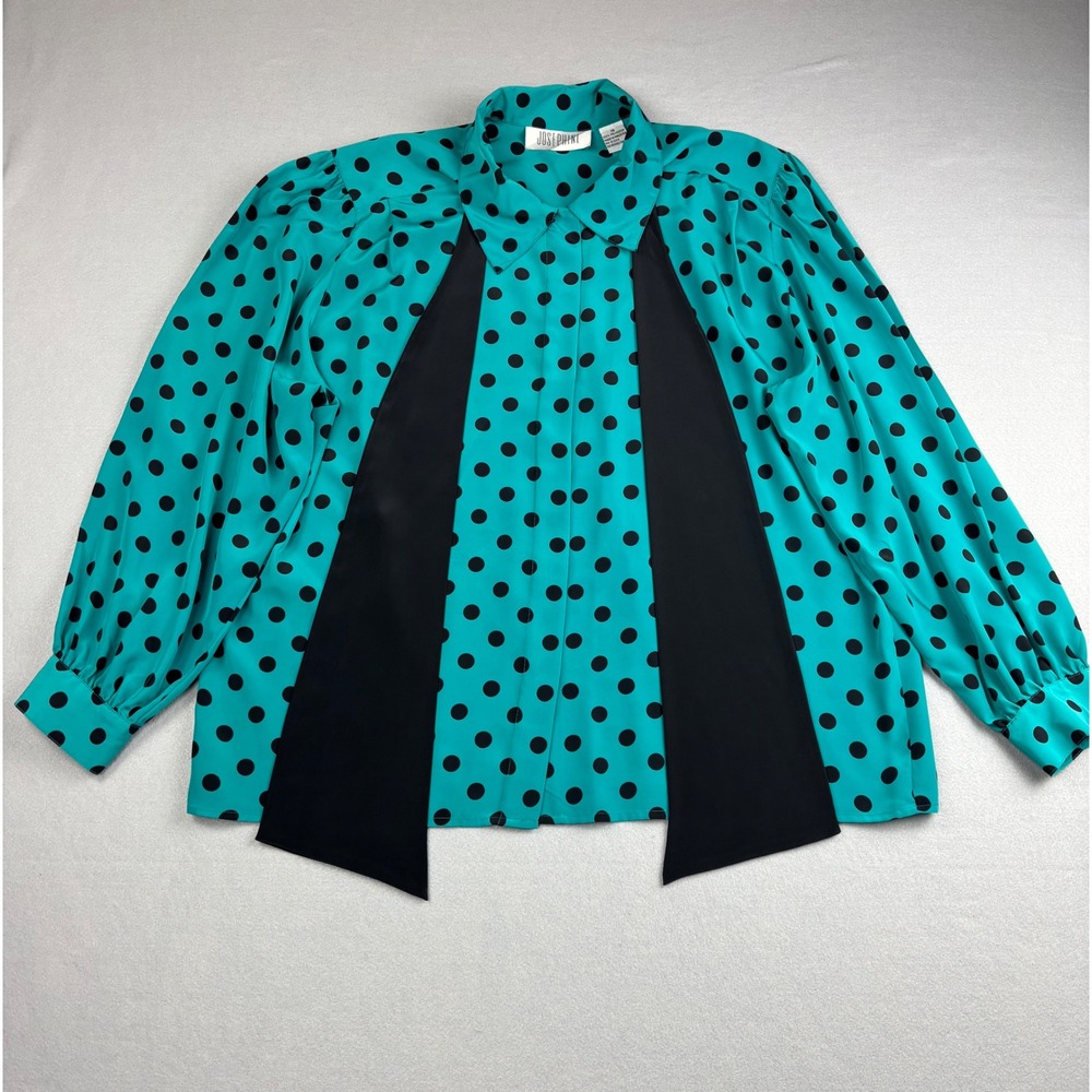 Vintage 90s Josephine Secretary Blouse Large 16 Turquoise Black Polka Dot Bow